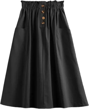 Women's High Waist Button Front Midi Skirt Vintage Elastic Waisted A-Line Pleated Flowy Long Skirts