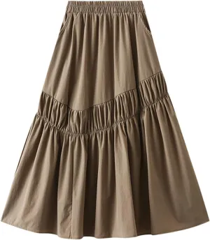Women's High Waist Flared Skirt Casual Pleated Swing Midi Skirt Vintage Plain A-line Long Skirts with Pockets