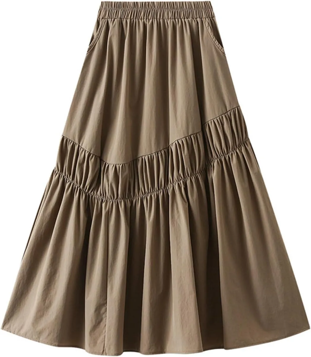 Women's High Waist Flared Skirt Casual Pleated Swing Midi Skirt Vintage Plain A-line Long Skirts with Pockets