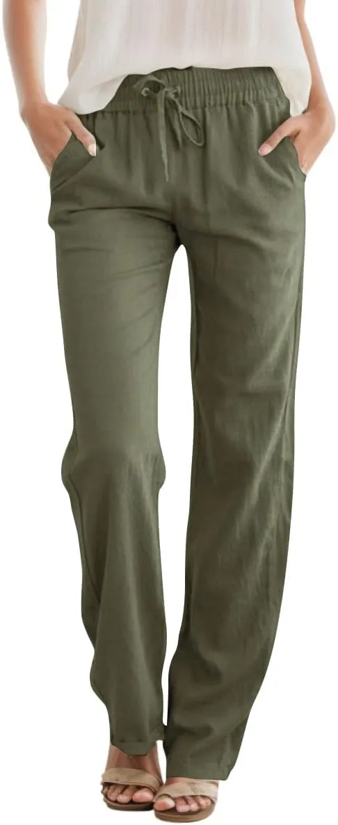 Womens High Waist Summer Casual Pants Drawstring Straight Leg Beach Vacation Lounge Trousers with Pockets