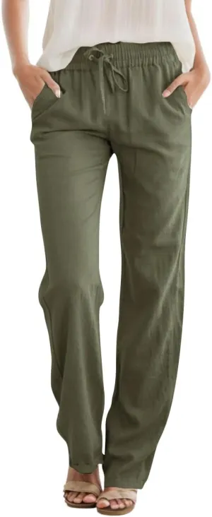 Womens High Waist Summer Casual Pants Drawstring Straight Leg Beach Vacation Lounge Trousers with Pockets