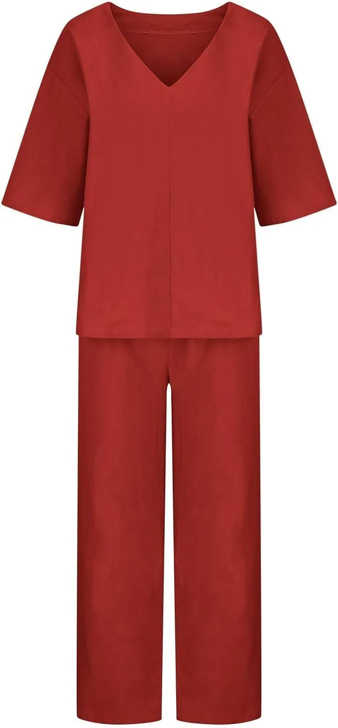 Womens Linen Top and Wide Leg Pants Suit 2 Pieces Summer Casual Elegant Outfit