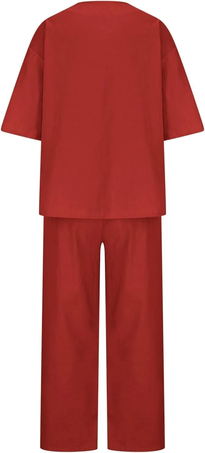 Womens Linen Top and Wide Leg Pants Suit 2 Pieces Summer Casual Elegant Outfit