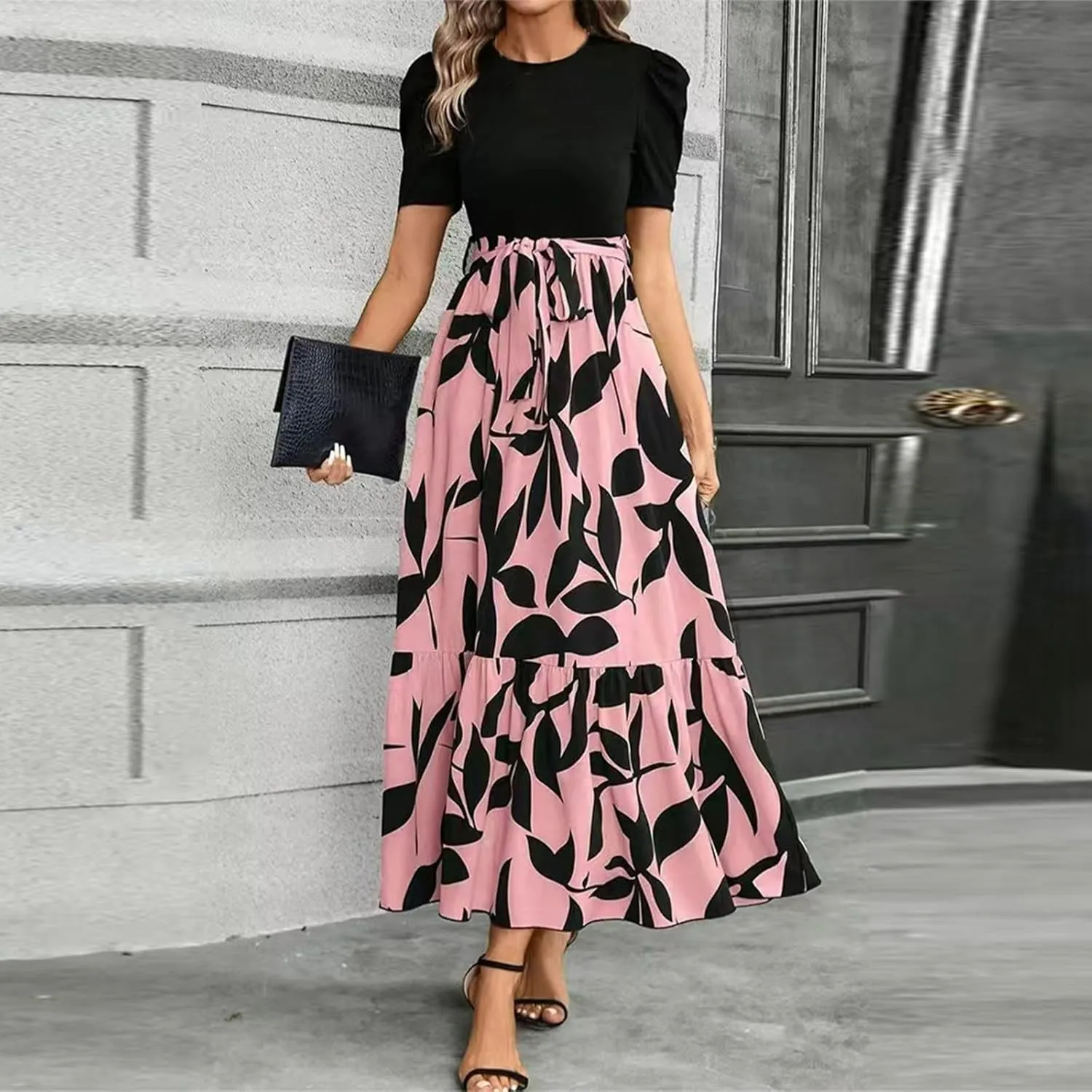Women's Long Flowy Ruffle Short Sleeve Maxi Dress Floral Printed 2025 Dresses with Pockets Summer Casual Dresses