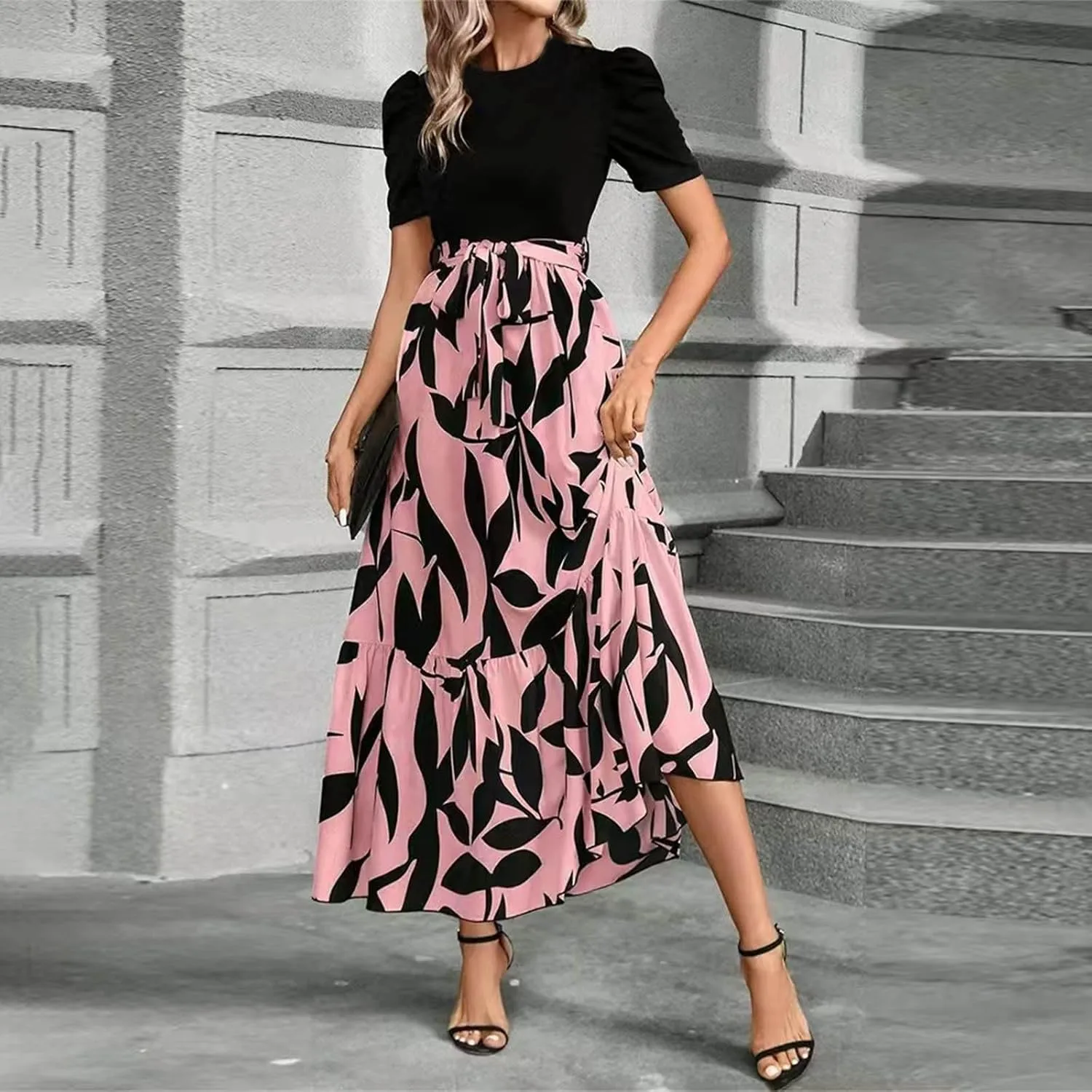 Women's Long Flowy Ruffle Short Sleeve Maxi Dress Floral Printed 2025 Dresses with Pockets Summer Casual Dresses