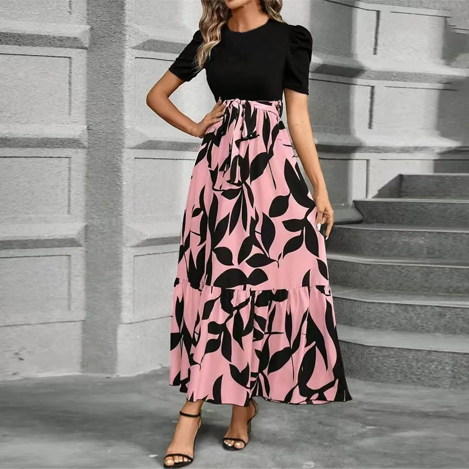 Women's Long Flowy Ruffle Short Sleeve Maxi Dress Floral Printed 2025 Dresses with Pockets Summer Casual Dresses