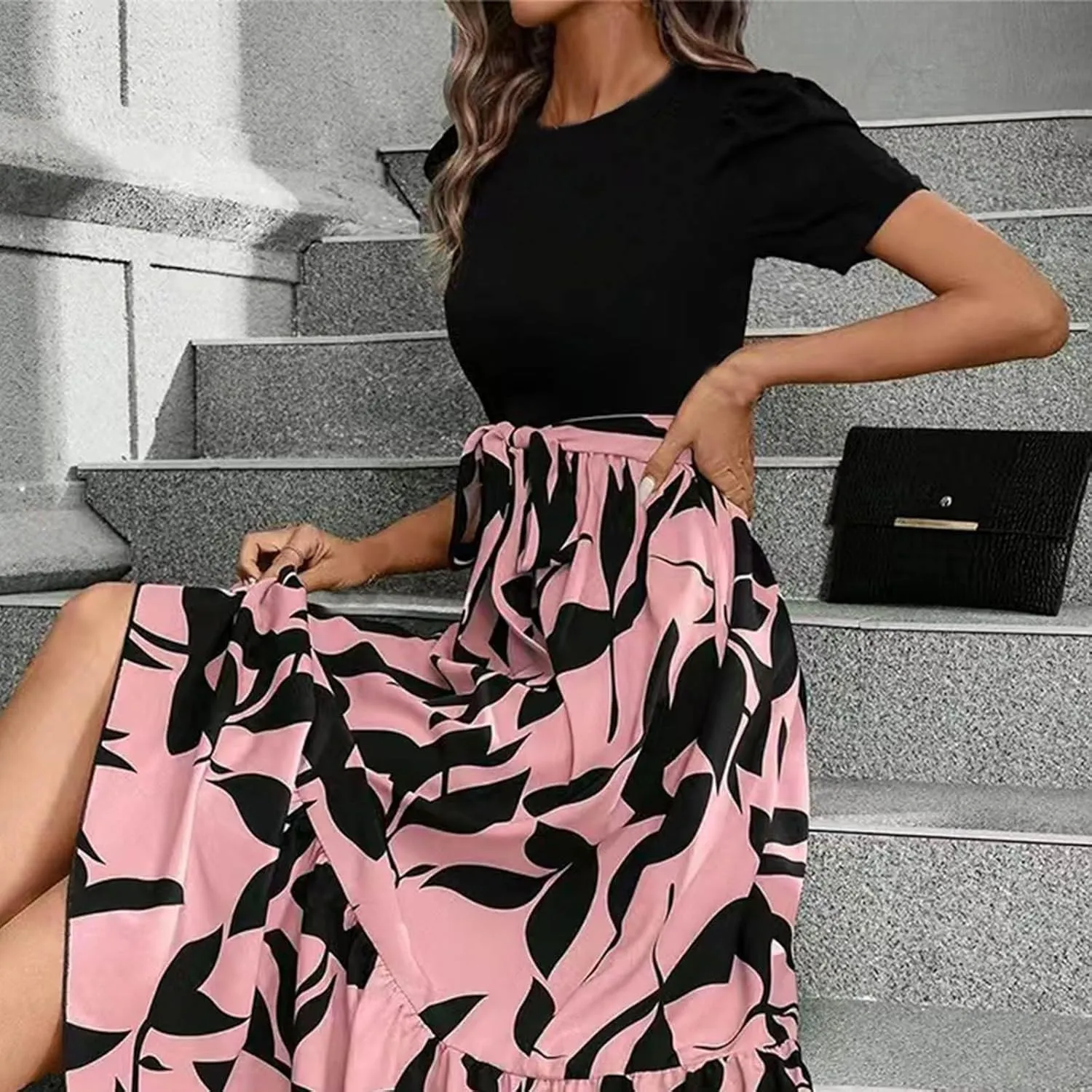 Women's Long Flowy Ruffle Short Sleeve Maxi Dress Floral Printed 2025 Dresses with Pockets Summer Casual Dresses