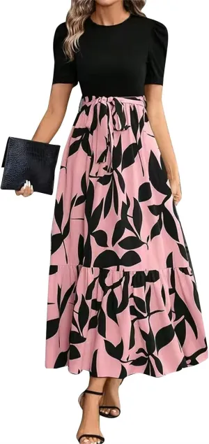 Women's Long Flowy Ruffle Short Sleeve Maxi Dress Floral Printed 2025 Dresses with Pockets Summer Casual Dresses