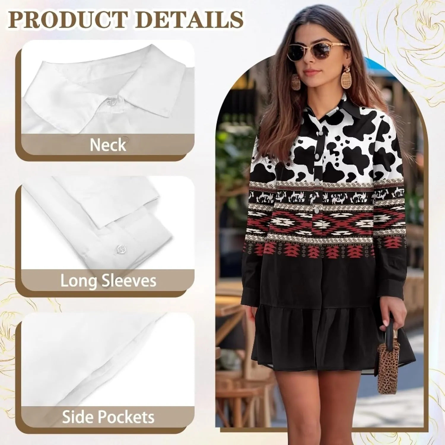 Womens Long Sleeve Button Down Shirt Dresses Ruffle Flowy Dresses Casual Tunic Shift Mini Dresses with Pockets