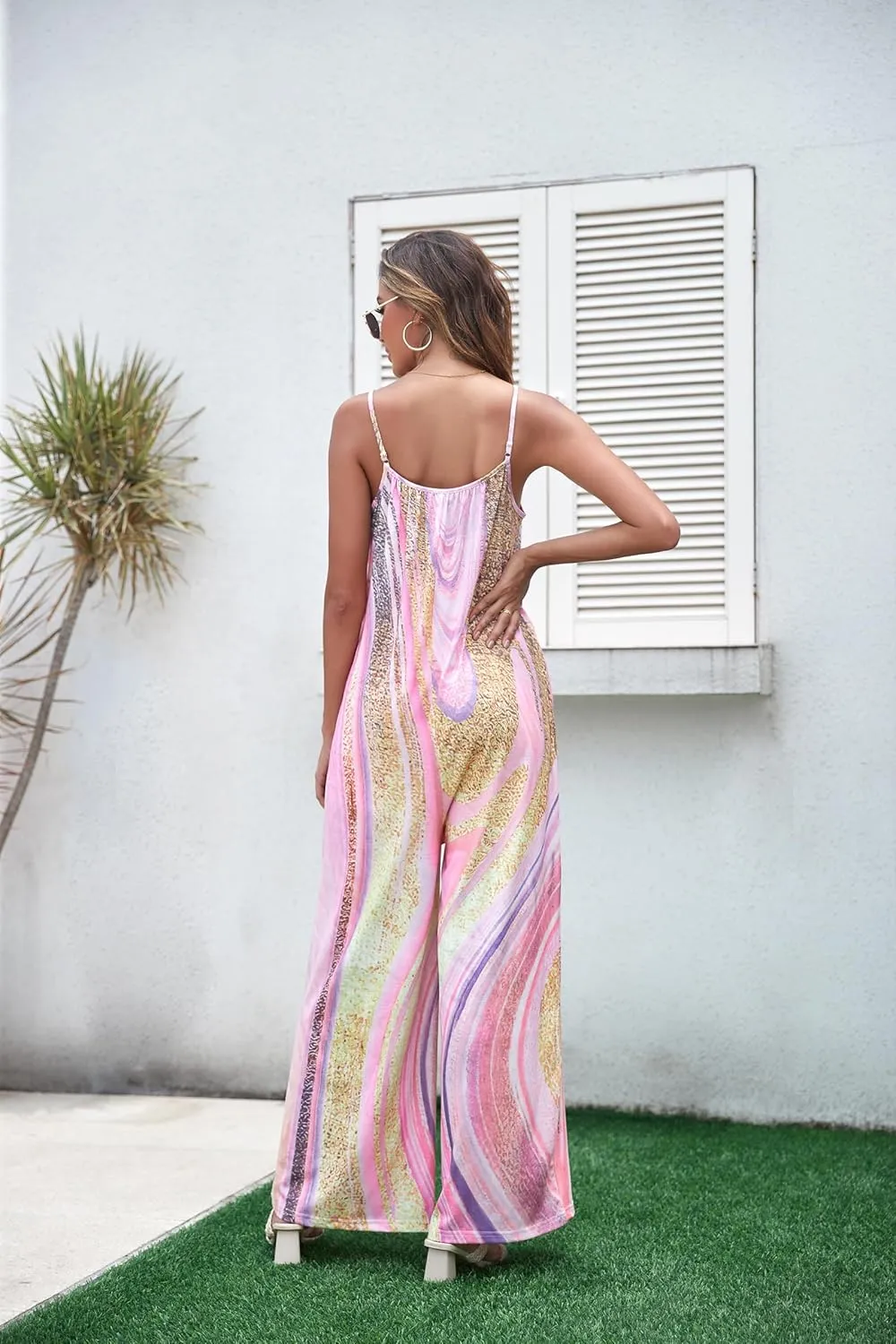 Women's Loose V Neck Sleeveless Jumpsuits Adjustable Spaghetti Strap Romper Casual Wide Legs Pants with Pockets