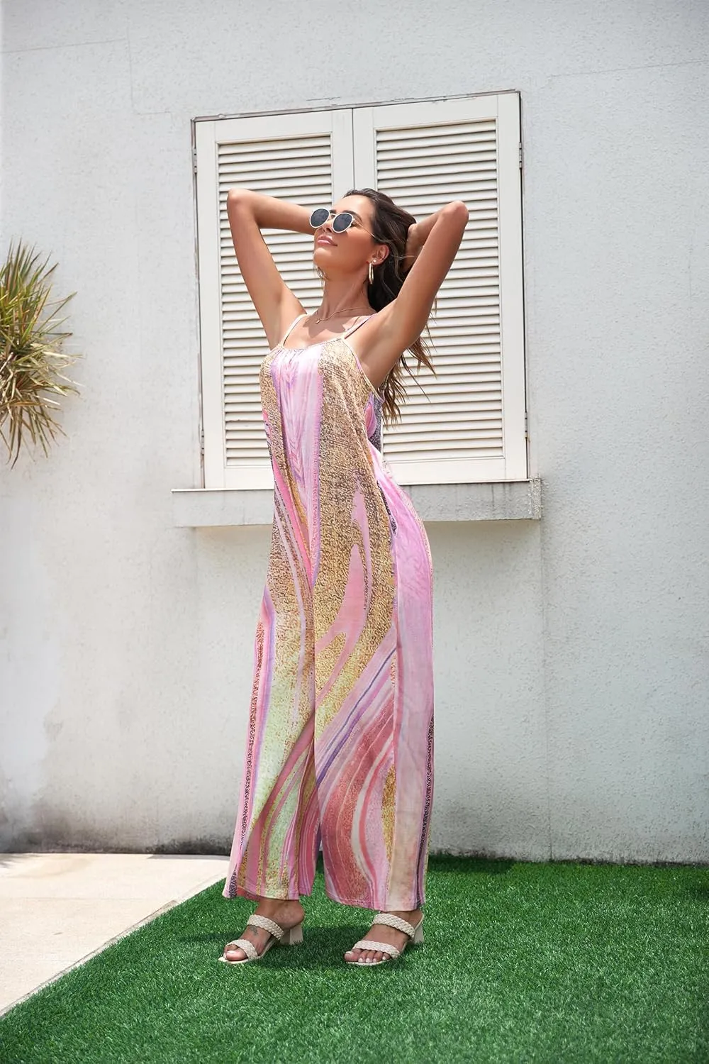 Women's Loose V Neck Sleeveless Jumpsuits Adjustable Spaghetti Strap Romper Casual Wide Legs Pants with Pockets