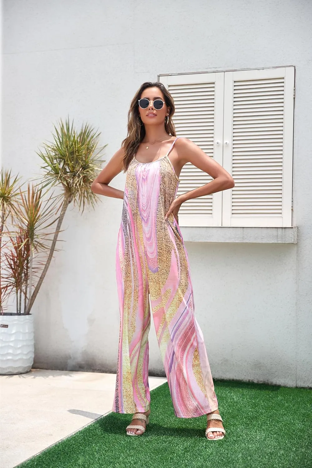 Women's Loose V Neck Sleeveless Jumpsuits Adjustable Spaghetti Strap Romper Casual Wide Legs Pants with Pockets