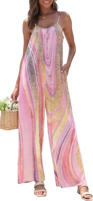 Women's Loose V Neck Sleeveless Jumpsuits Adjustable Spaghetti Strap Romper Casual Wide Legs Pants with Pockets
