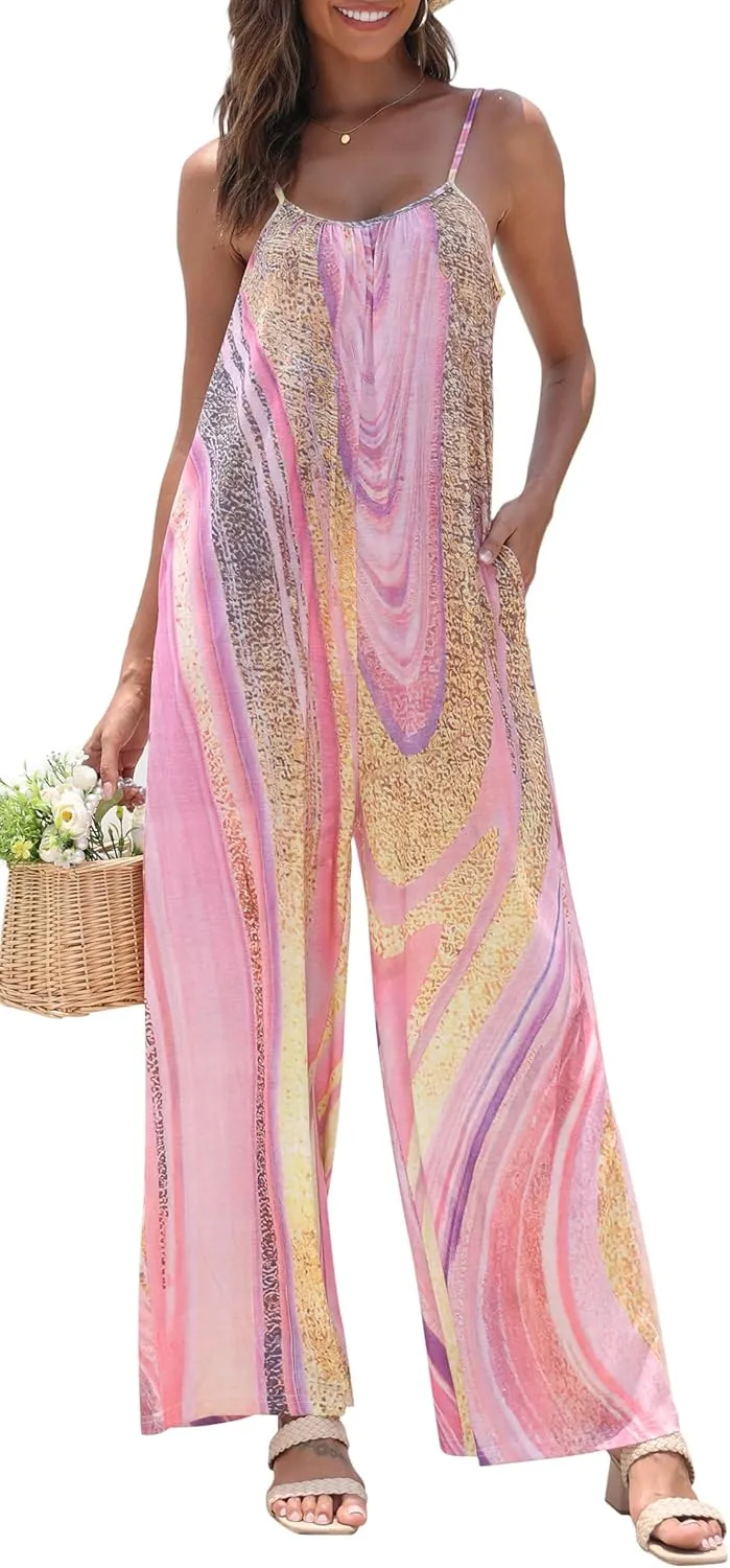 Women's Loose V Neck Sleeveless Jumpsuits Adjustable Spaghetti Strap Romper Casual Wide Legs Pants with Pockets
