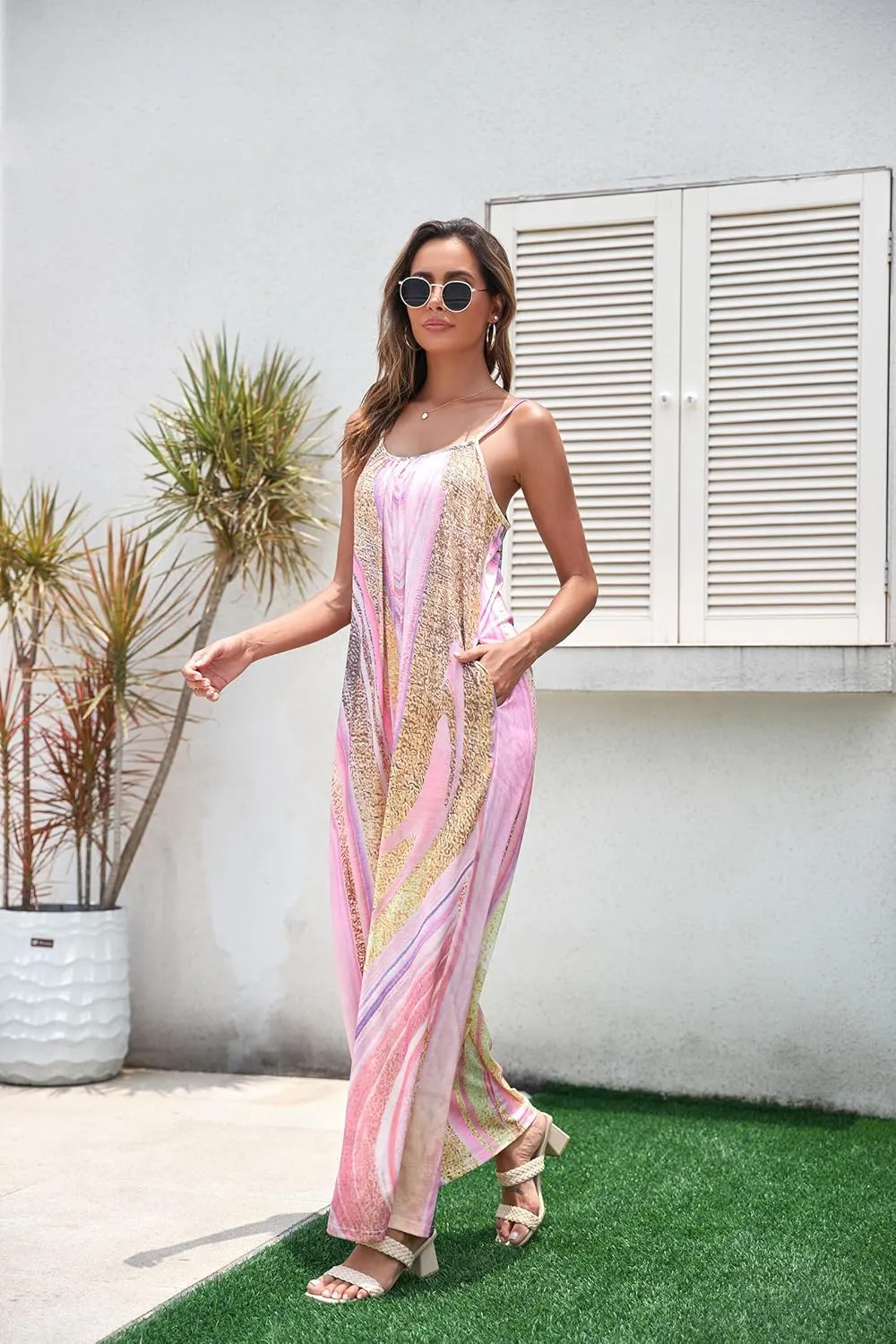 Women's Loose V Neck Sleeveless Jumpsuits Adjustable Spaghetti Strap Romper Casual Wide Legs Pants with Pockets