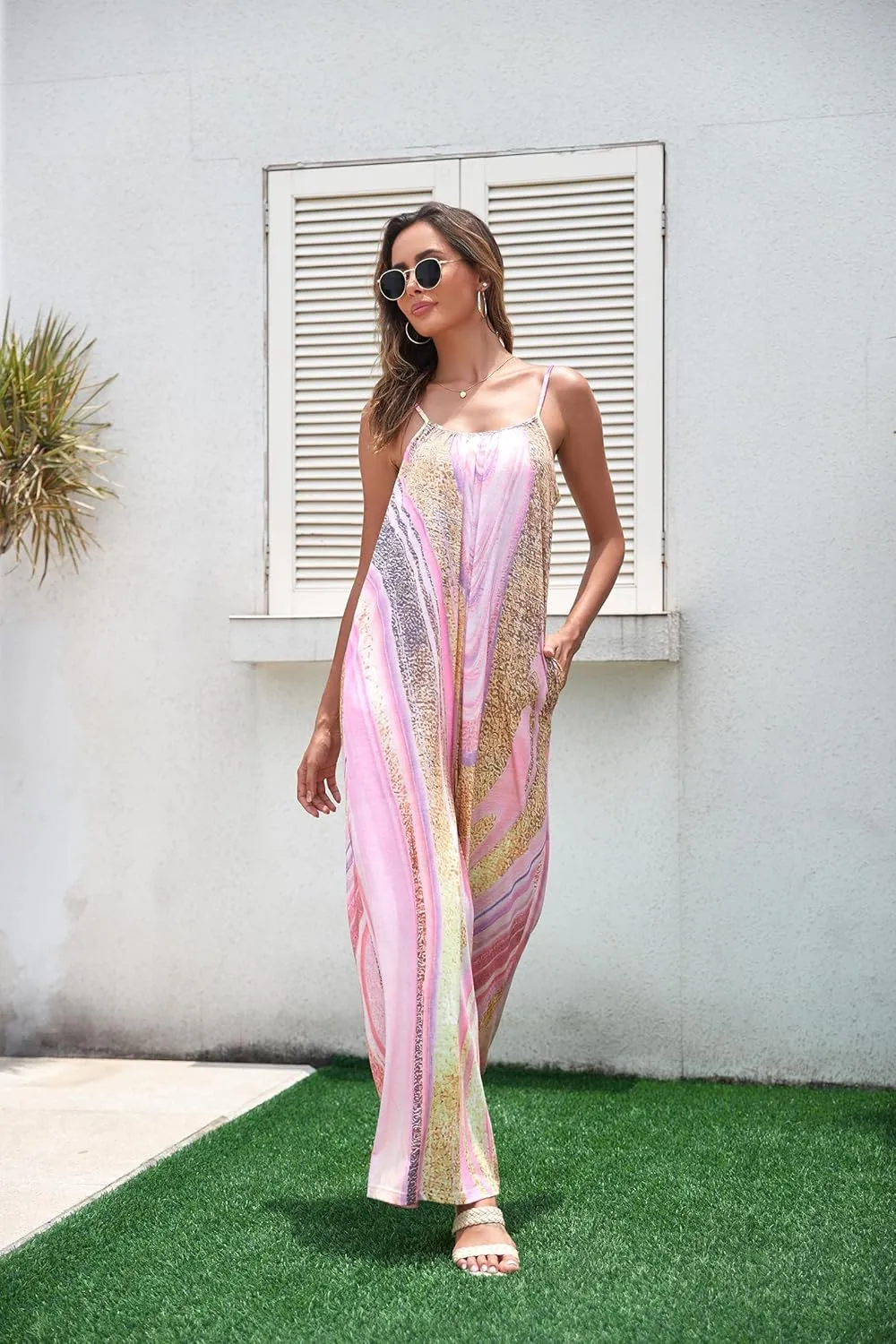 Women's Loose V Neck Sleeveless Jumpsuits Adjustable Spaghetti Strap Romper Casual Wide Legs Pants with Pockets