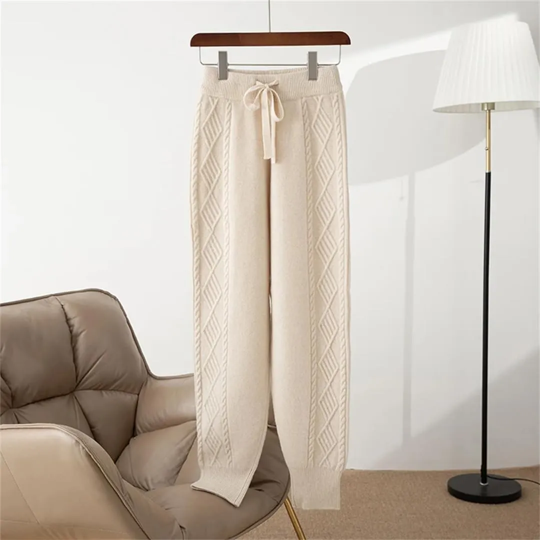 WomenS Merino Wool Knitted Harem Pants High-Waisted Elastic Waist Pleated Casual Trousers Full Length