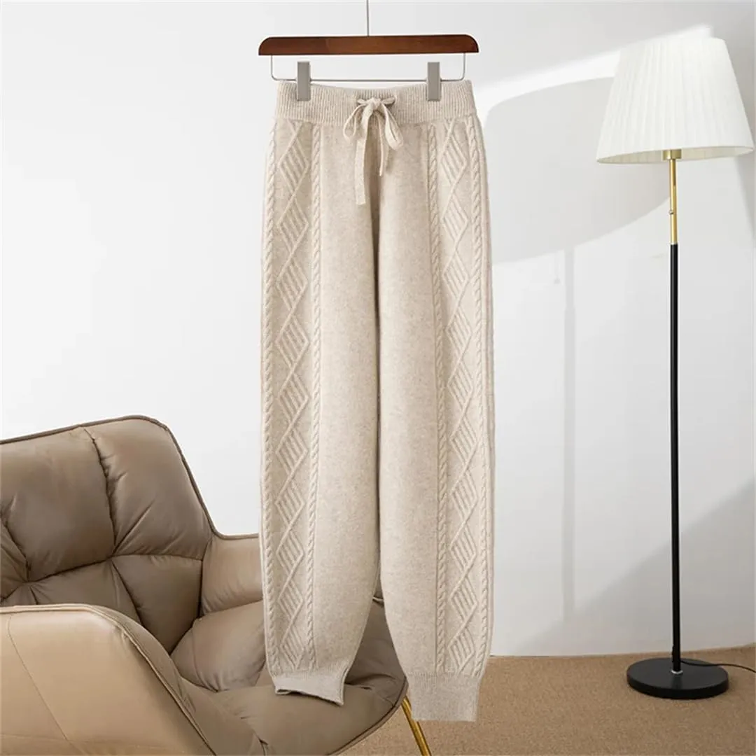 WomenS Merino Wool Knitted Harem Pants High-Waisted Elastic Waist Pleated Casual Trousers Full Length
