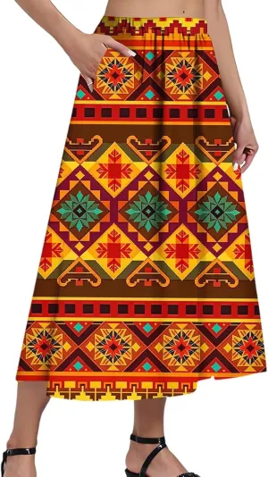 Women's Midi Boho Floral Skirts Trendy A Line Skirt Comfy Flowy High Elastic Waist Skorts with Pockets