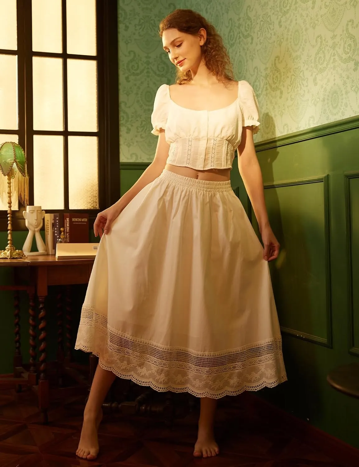 Women's Midi Skirt with 2 Pockets 100% Cotton Vintage Retro Straight Summer Skirt with Lace Hem