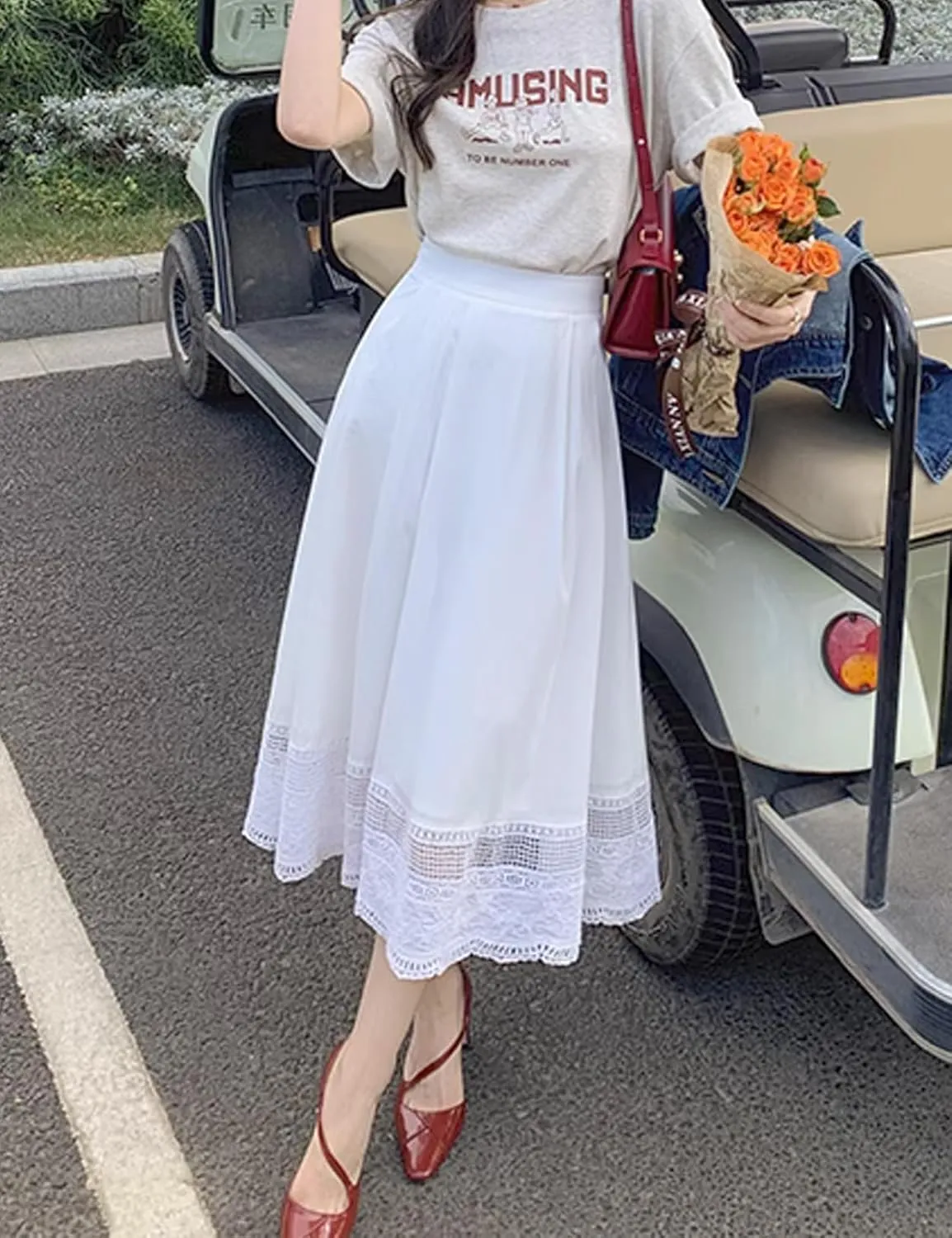Women's Midi Skirt with 2 Pockets 100% Cotton Vintage Retro Straight Summer Skirt with Lace Hem