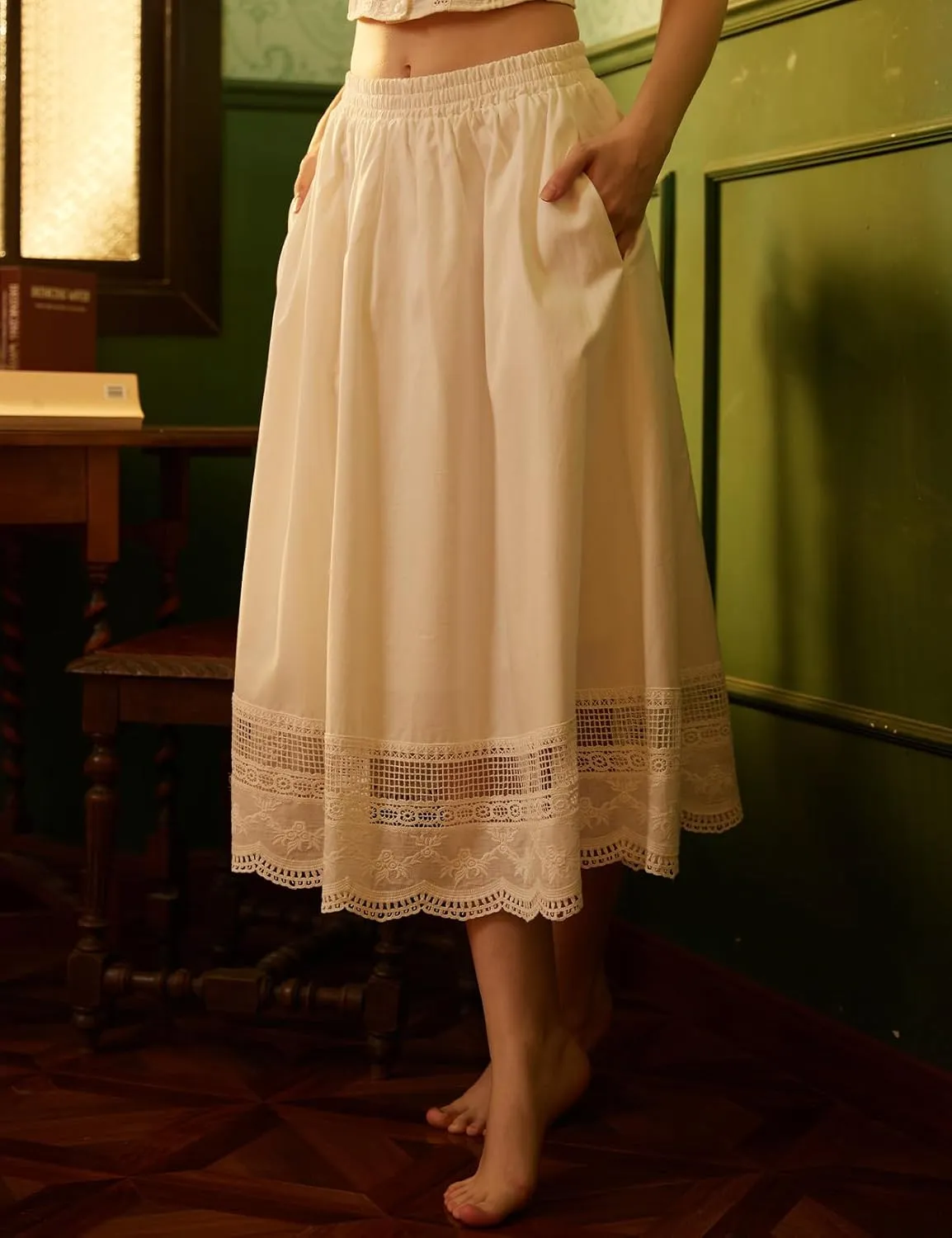 Women's Midi Skirt with 2 Pockets 100% Cotton Vintage Retro Straight Summer Skirt with Lace Hem