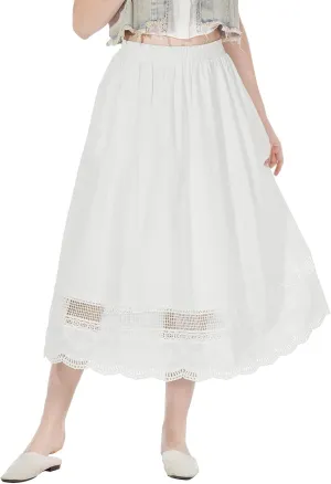 Women's Midi Skirt with 2 Pockets 100% Cotton Vintage Retro Straight Summer Skirt with Lace Hem