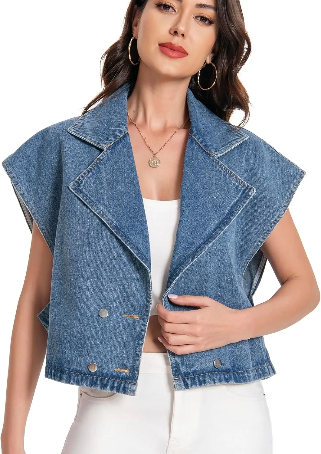 Women's Oversized Denim Vest Jean Cropped Casual Lightweight Jacket,Perfect for Spring Summer Outfits