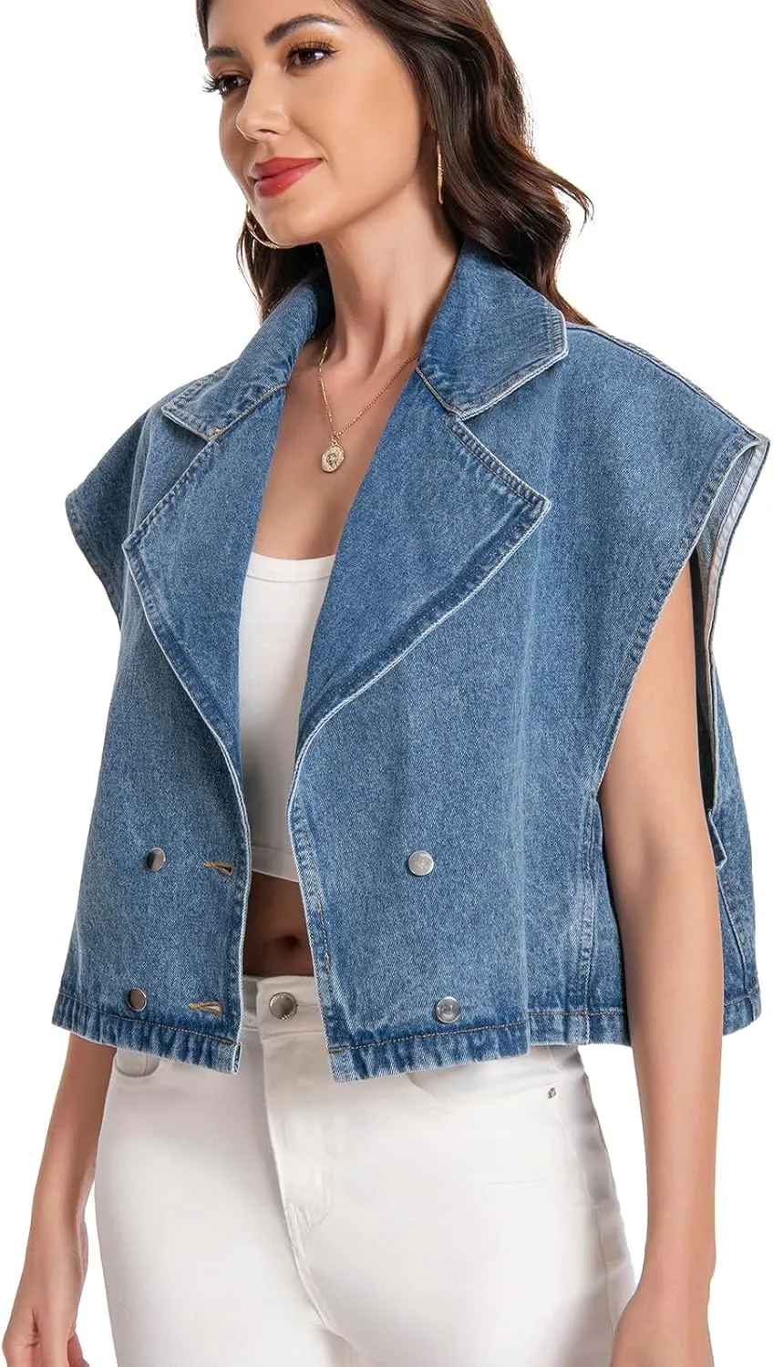 Women's Oversized Denim Vest Jean Cropped Casual Lightweight Jacket,Perfect for Spring Summer Outfits