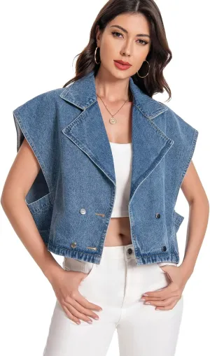 Women's Oversized Denim Vest Jean Cropped Casual Lightweight Jacket,Perfect for Spring Summer Outfits