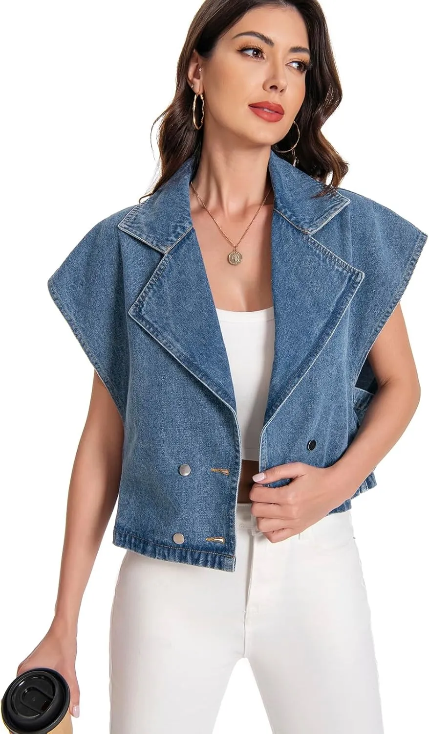 Women's Oversized Denim Vest Jean Cropped Casual Lightweight Jacket,Perfect for Spring Summer Outfits