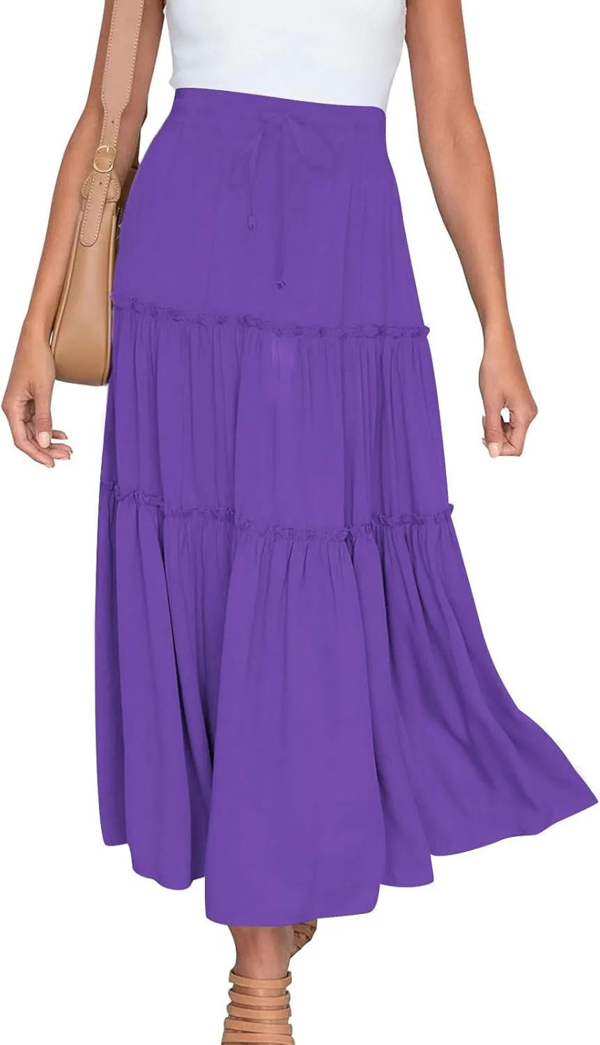 Women's Pleated Midi Skirts Casual Beach Boho Layered Elastic High Waist A-Line Ruffle Swing Long Maxi Skirts