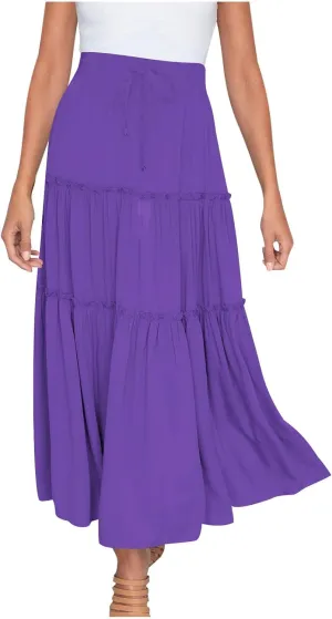 Women's Pleated Midi Skirts Casual Beach Boho Layered Elastic High Waist A-Line Ruffle Swing Long Maxi Skirts