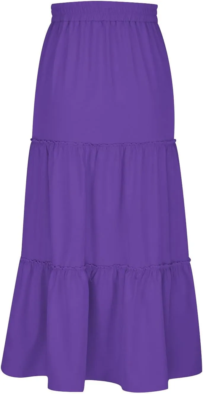 Women's Pleated Midi Skirts Casual Beach Boho Layered Elastic High Waist A-Line Ruffle Swing Long Maxi Skirts