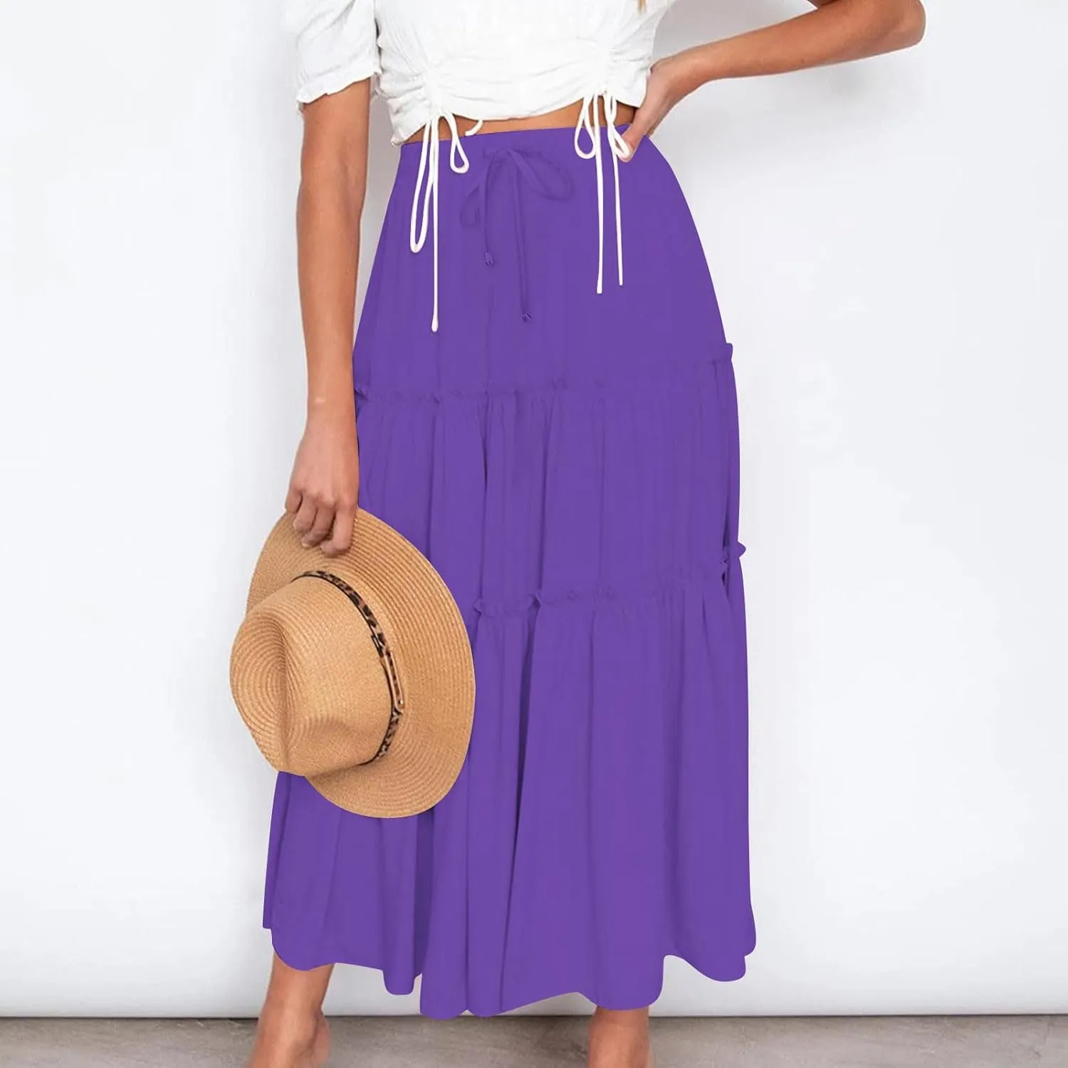 Women's Pleated Midi Skirts Casual Beach Boho Layered Elastic High Waist A-Line Ruffle Swing Long Maxi Skirts