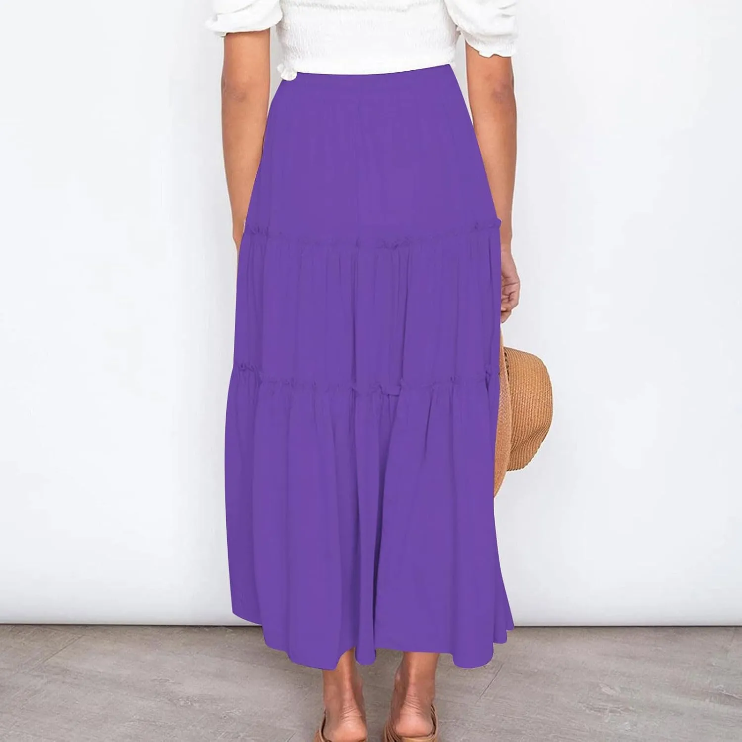 Women's Pleated Midi Skirts Casual Beach Boho Layered Elastic High Waist A-Line Ruffle Swing Long Maxi Skirts
