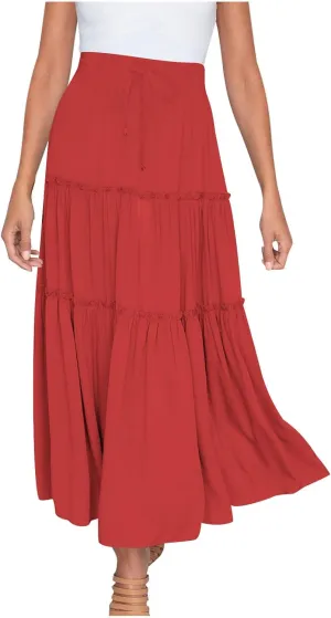 Women's Pleated Midi Skirts Casual Beach Boho Layered Elastic High Waist A-Line Ruffle Swing Long Maxi Skirts