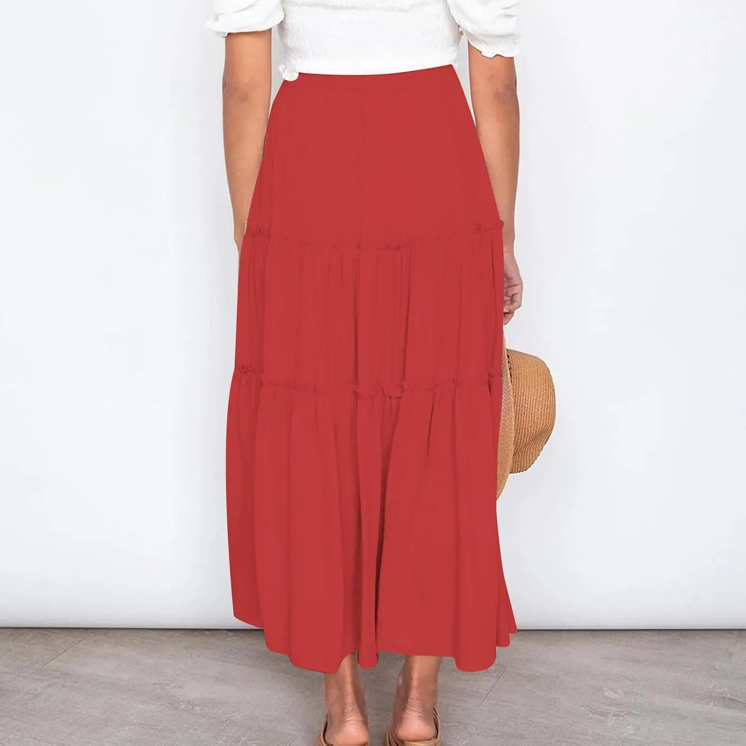 Women's Pleated Midi Skirts Casual Beach Boho Layered Elastic High Waist A-Line Ruffle Swing Long Maxi Skirts