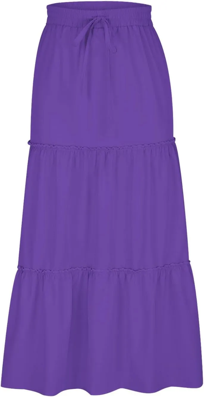 Women's Pleated Midi Skirts Casual Beach Boho Layered Elastic High Waist A-Line Ruffle Swing Long Maxi Skirts