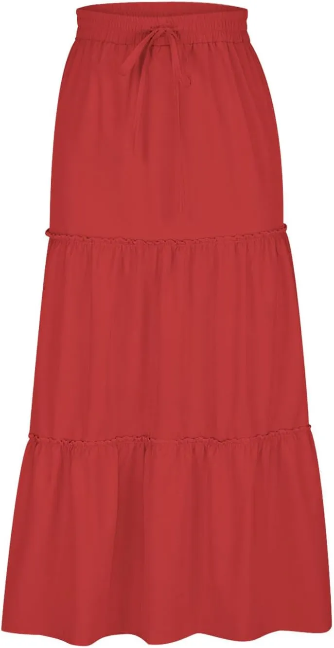 Women's Pleated Midi Skirts Casual Beach Boho Layered Elastic High Waist A-Line Ruffle Swing Long Maxi Skirts