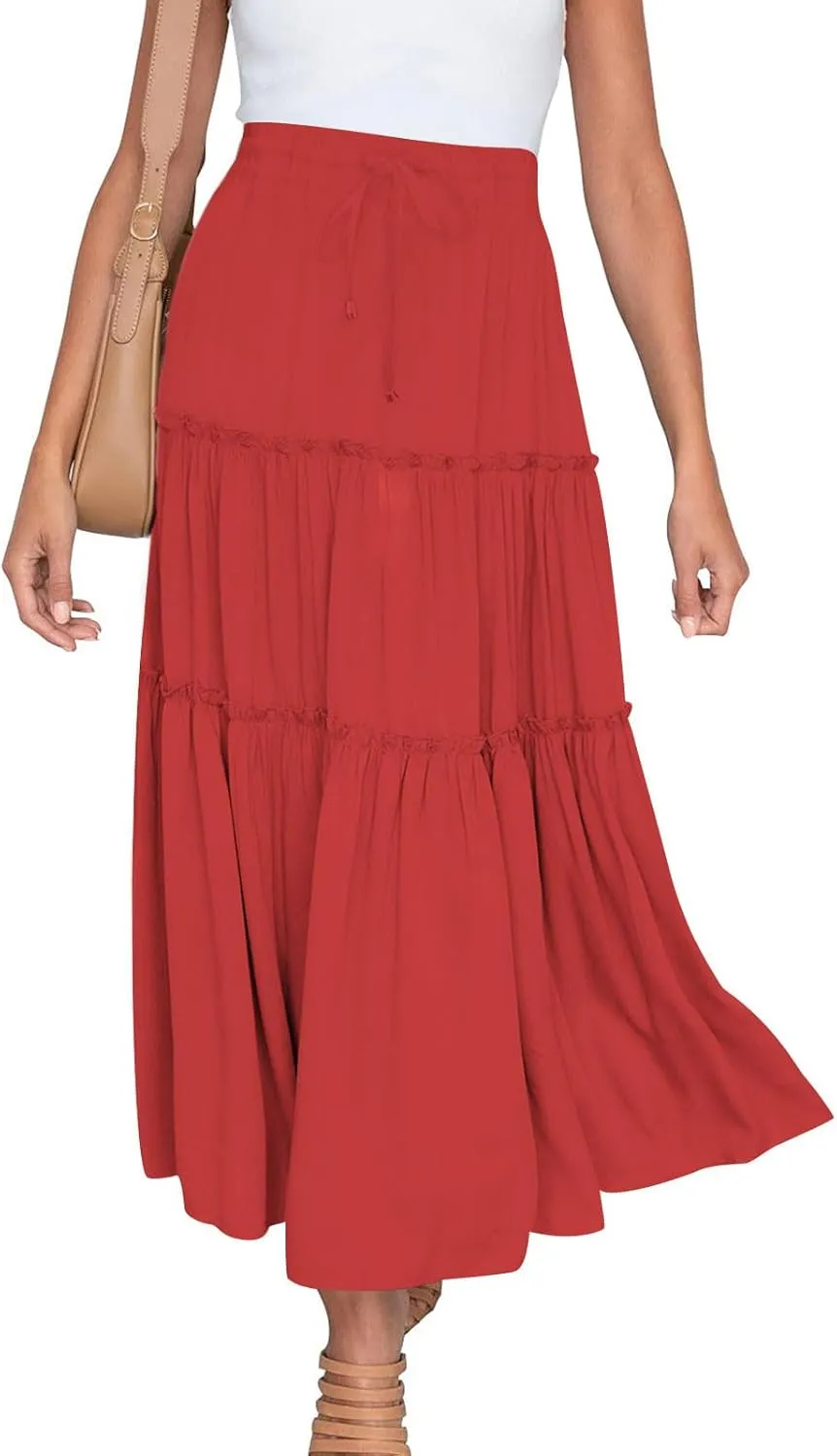 Women's Pleated Midi Skirts Casual Beach Boho Layered Elastic High Waist A-Line Ruffle Swing Long Maxi Skirts