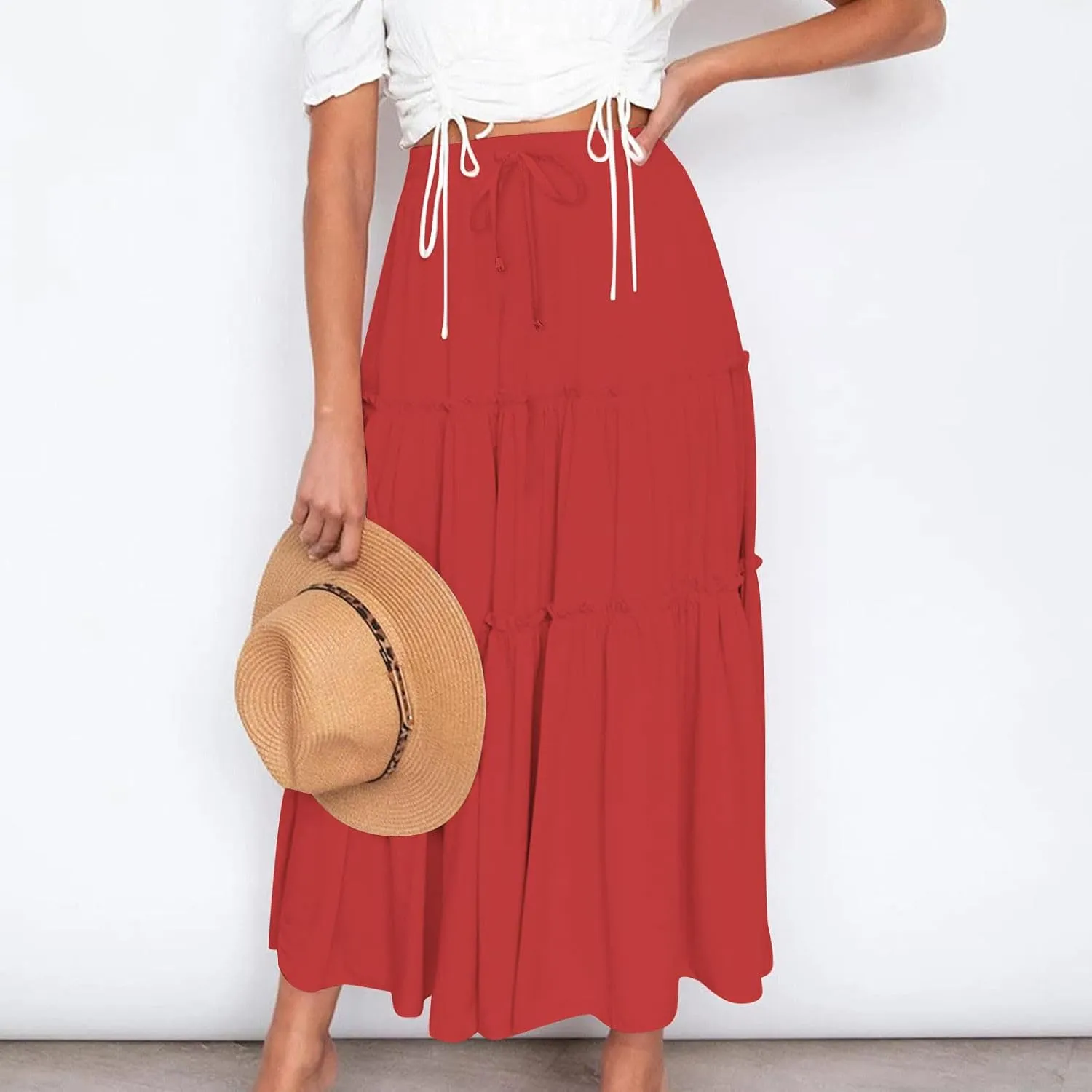 Women's Pleated Midi Skirts Casual Beach Boho Layered Elastic High Waist A-Line Ruffle Swing Long Maxi Skirts