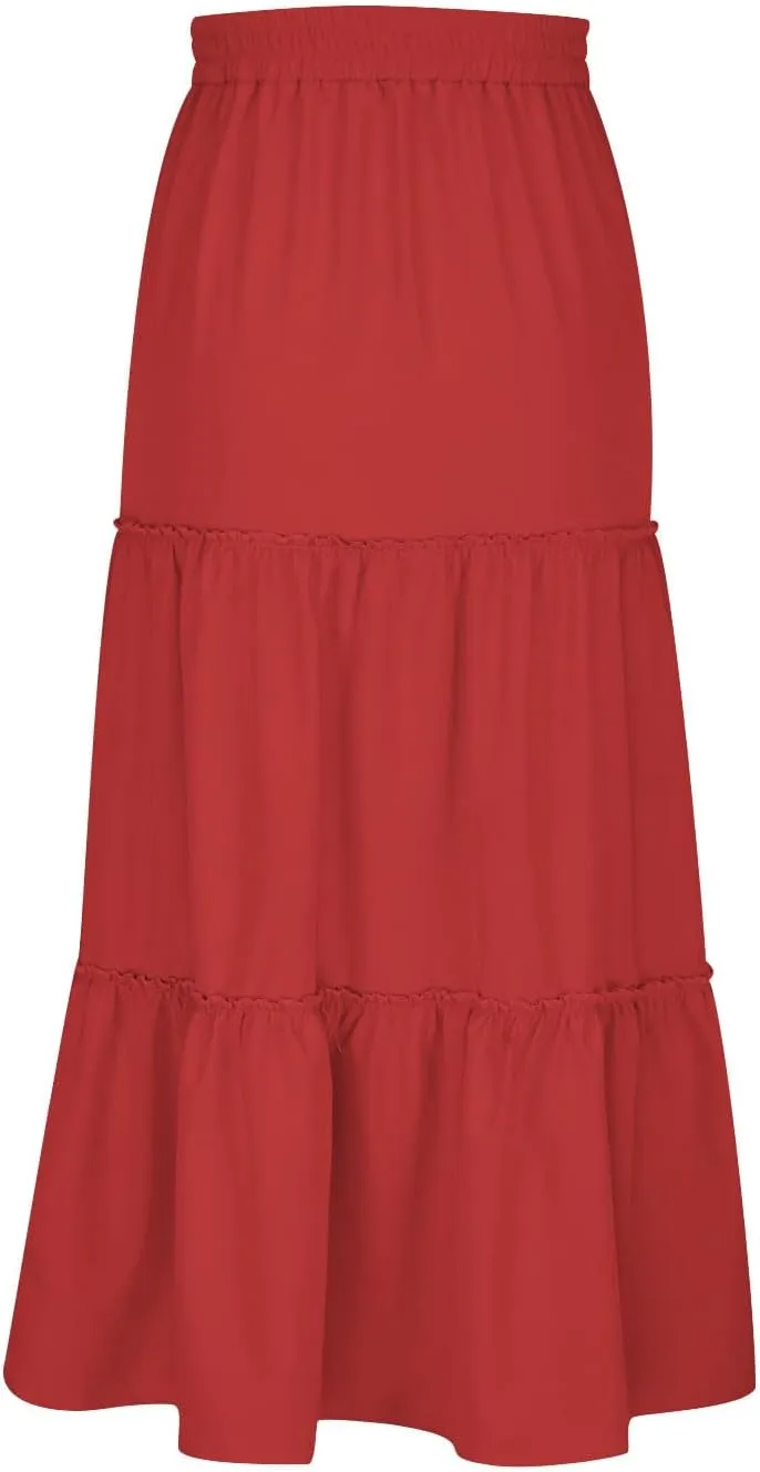 Women's Pleated Midi Skirts Casual Beach Boho Layered Elastic High Waist A-Line Ruffle Swing Long Maxi Skirts