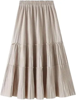 Women's Pleated Skirts Loose High Waist Vintage Solid Color A-Line Casual Skirt