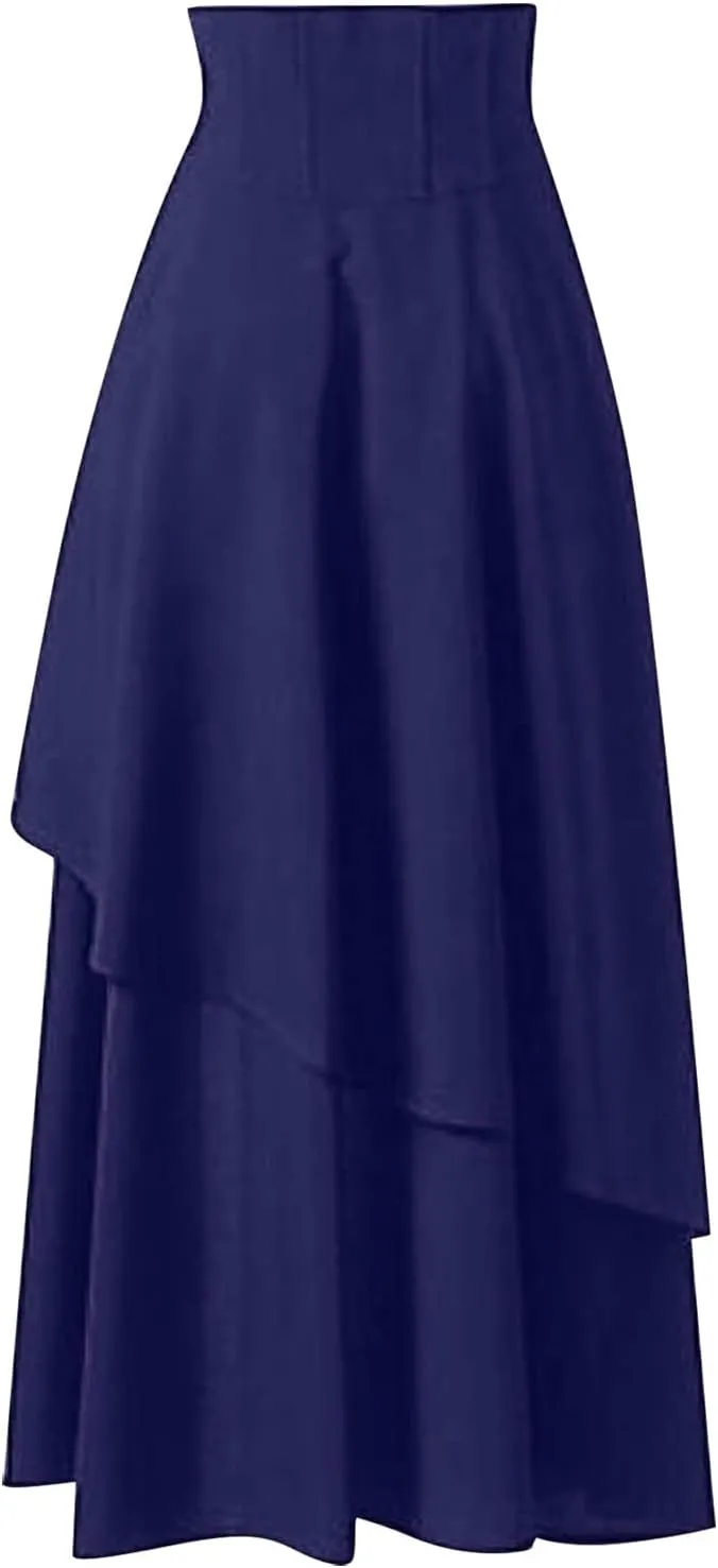 Women's Punk Gothic Skirt High Waist Pleated Skirt Lace A-Line Skater Skirt Vintage Black Leather Maxi (Dark Blue, XL)