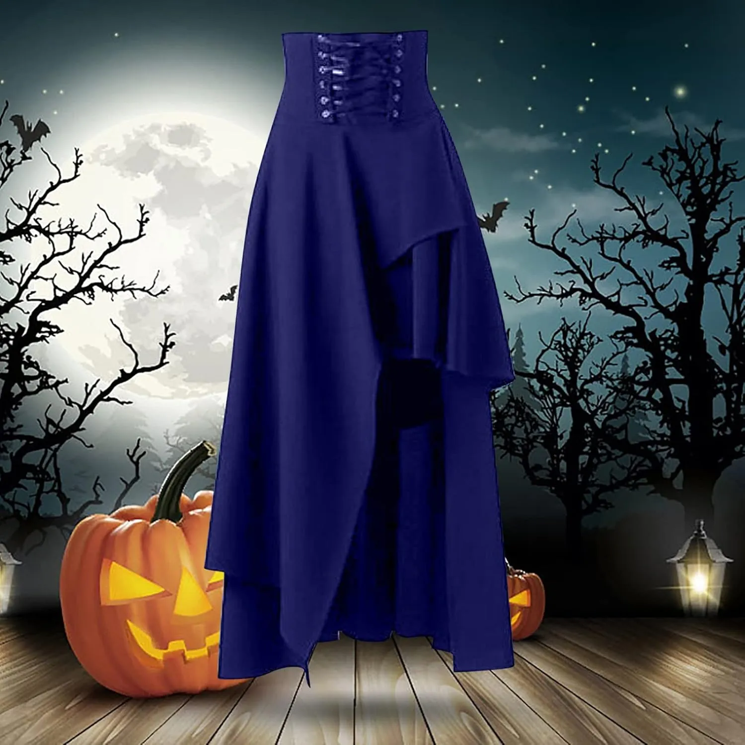 Women's Punk Gothic Skirt High Waist Pleated Skirt Lace A-Line Skater Skirt Vintage Black Leather Maxi (Dark Blue, XL)