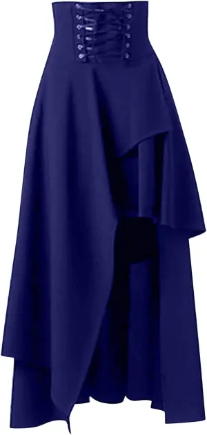 Women's Punk Gothic Skirt High Waist Pleated Skirt Lace A-Line Skater Skirt Vintage Black Leather Maxi (Dark Blue, XL)