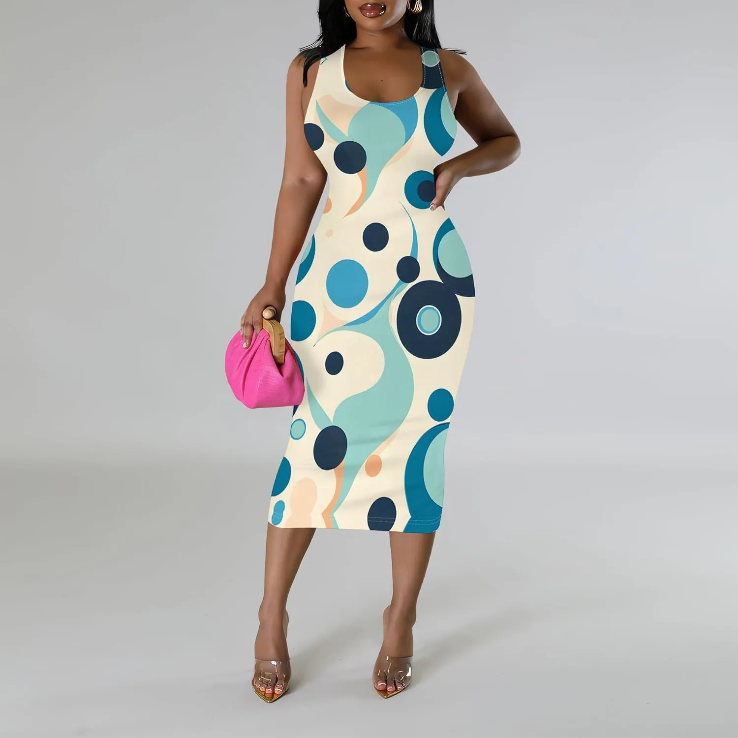 Women's Sexy Bodycon Tank Floral Print Dress Summer Pencil Sleeveless Basic Midi Dresses Party Club Beach Sundresses