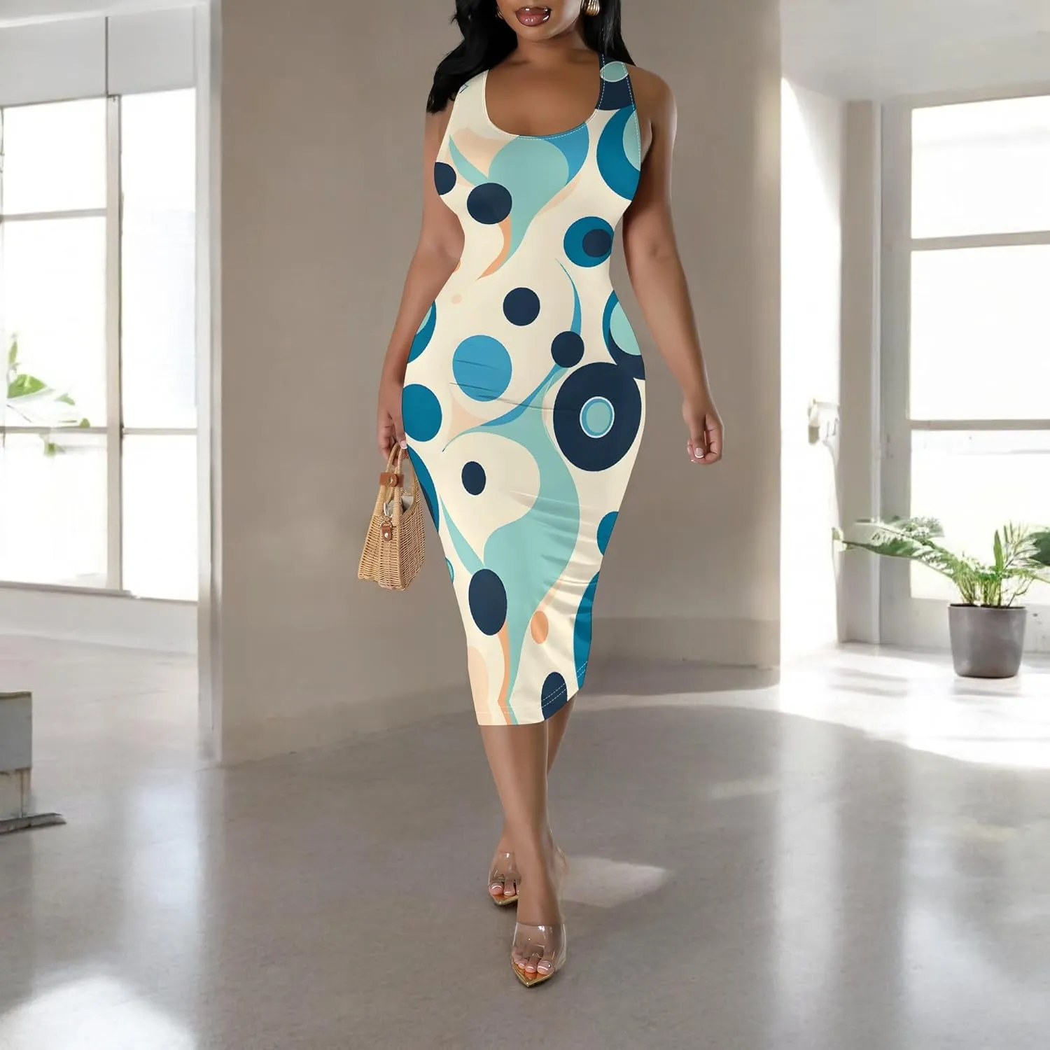 Women's Sexy Bodycon Tank Floral Print Dress Summer Pencil Sleeveless Basic Midi Dresses Party Club Beach Sundresses