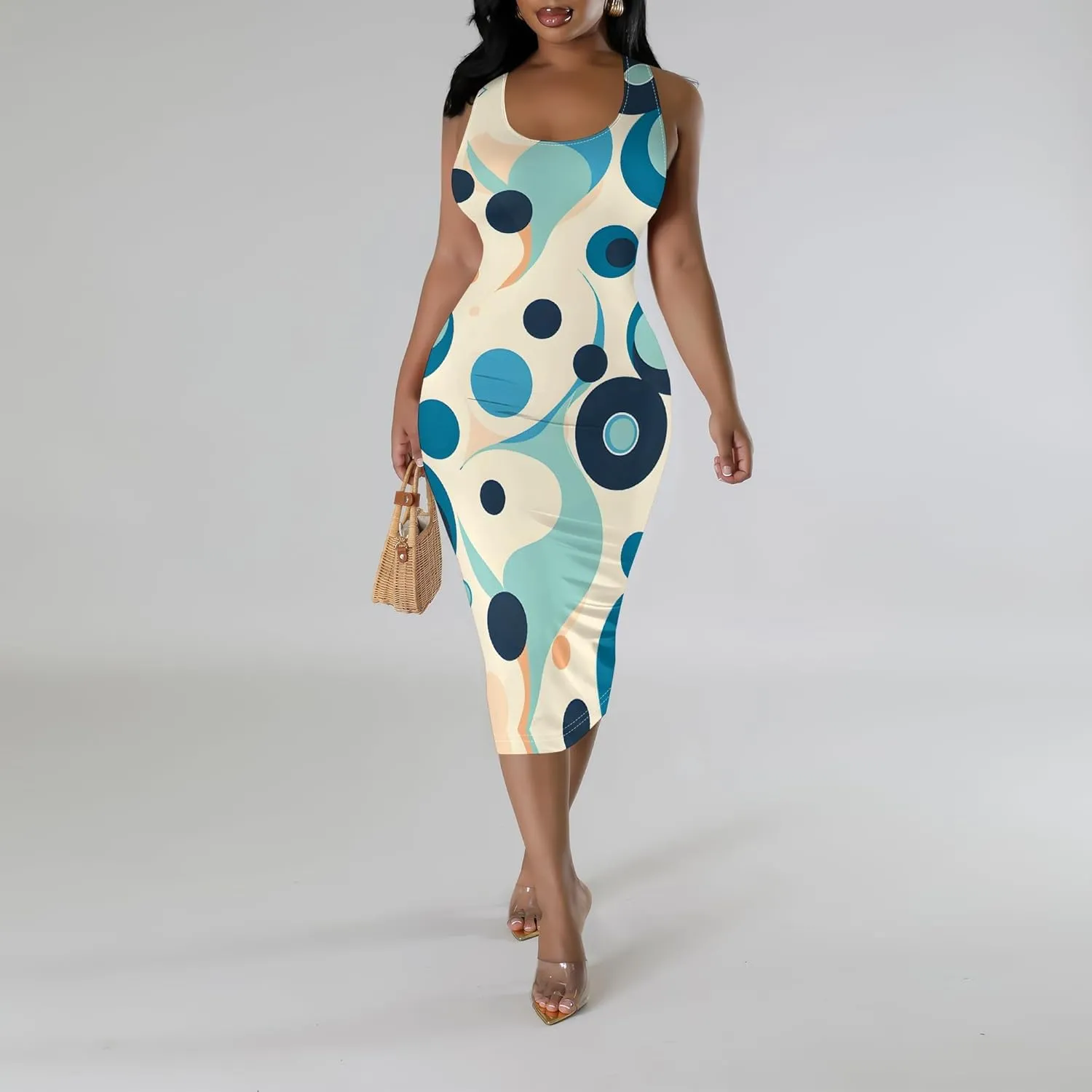 Women's Sexy Bodycon Tank Floral Print Dress Summer Pencil Sleeveless Basic Midi Dresses Party Club Beach Sundresses